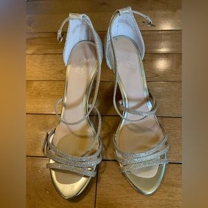 Badgley Mischka gold metallic platform strap wedge